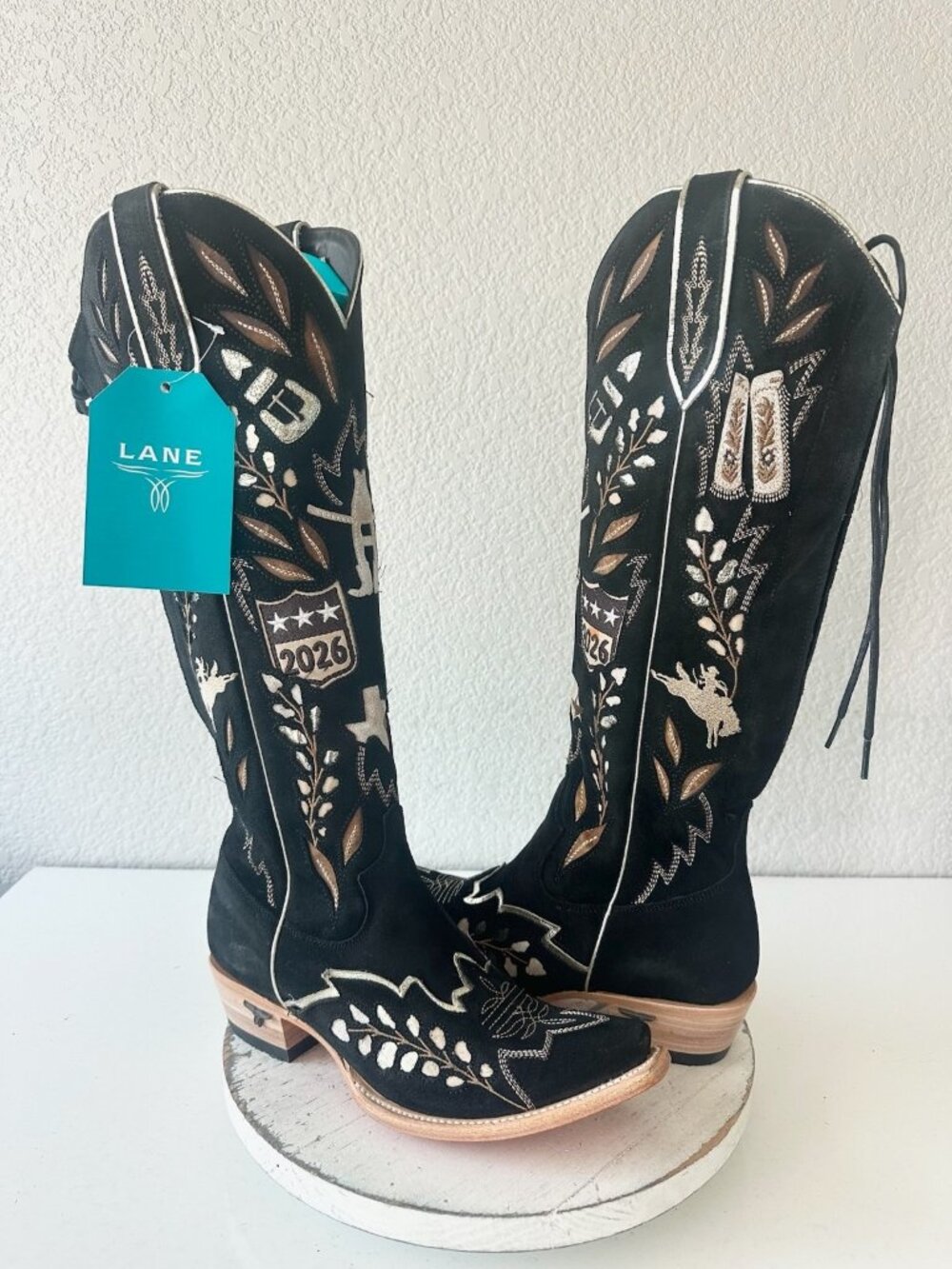 Lane RODEO HOUSTON Knee High Womens Cowboy Boots Western Black Suede Size 8.5